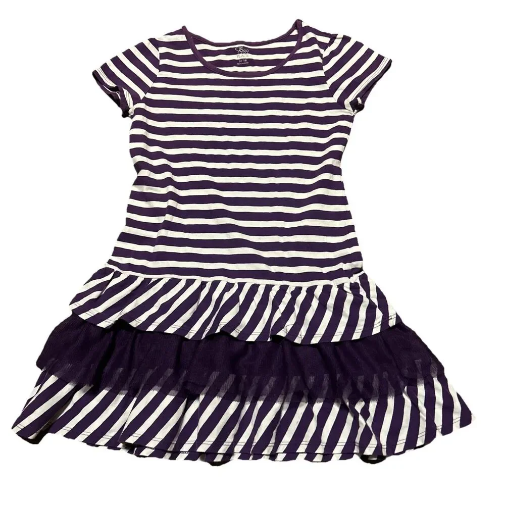 Children’s Place Purple Striped Ruffle Short Sleeve Dress Size 7/8